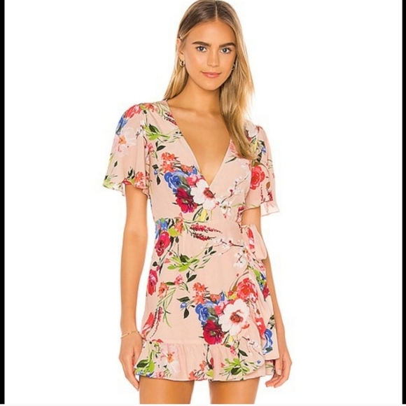 Privacy Please Finlay Mini Dress in Nude Amy Floral Size M Wrap Flounce Feminine - Picture 5 of 8